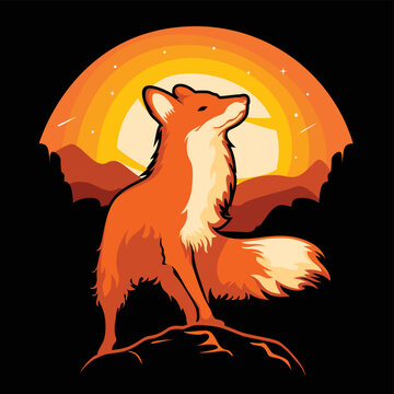 Vector illustration of a fox and natural scenery