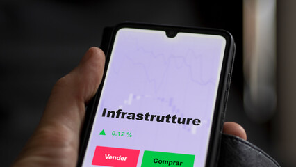 Un inversor está analizando el infrastrutture etf fondo en pantalla. Un teléfono muestra los precios del ETF para invertir.