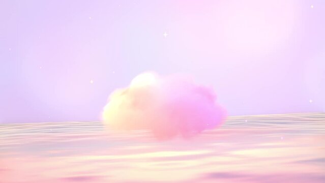 Looped beautiful fluffy pastel clouds above the ocean with glowing lights effect animation.