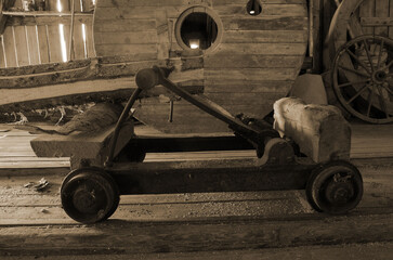 Water sawmill. Norway.Monochrome sepia image