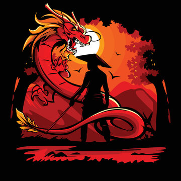 Vector illustration of a swordsman facing a dragon