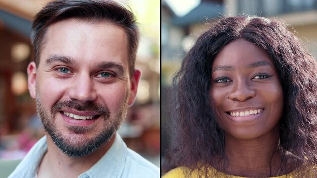 Collage of portraits of young mixed-races people. Caucasian handsome man outdoor. Close up. African American beautiful cheeful woman smiling at street. Male and female multiethnic faces.