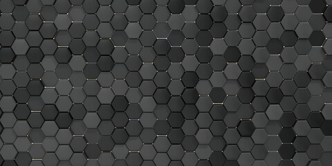 Geometric hexagons black and gray colors with yellow light, luxury abstract background. Horizontal size. 3d rendering illustration.