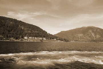 Obraz premium View from the board of Flam - Bergen ferry. Sognefjord, Norway, Scandinavia. Tourism and travel.