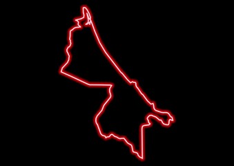 Red glowing neon map of Limón Costa Rica on black background.