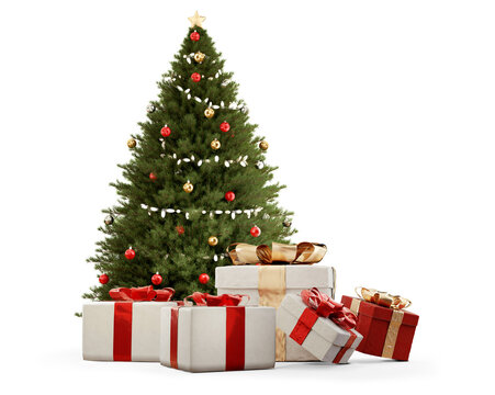 green fir, christmas tree and presents, christmas gifts, isolated 3d-illustration