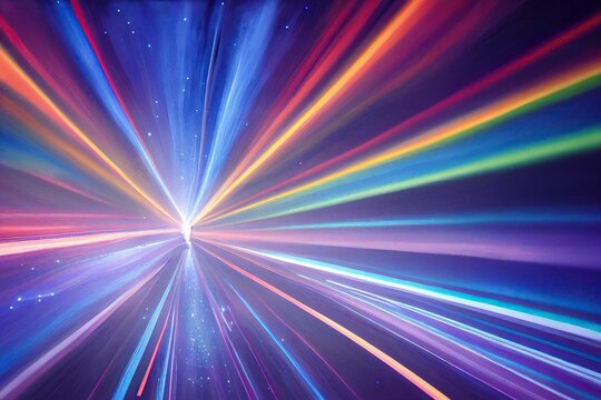 Neon lines rays of light in speed, abstract circular explosion glowing background. Dynamic effect futuristic hyper jump fast movement bright blue purple backdrop, creative cosmic abstract motion.