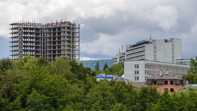 TRUSKAVETS, UKRAINE - August 2022: The building of the sanatorium &ldquo;Almaz&rdquo; and under construction building.
