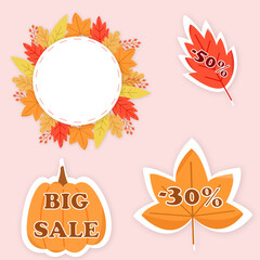 Autumn foliage label design. Autumn sale labels