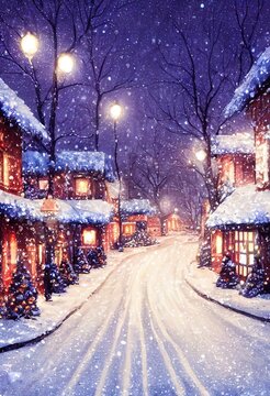 Winter snowy small cozy street with lights in houses, falling snow night town with lanterns on road. Winter holiday night time backdrop. Merry Christmas vintage retro illustration background. Vertical