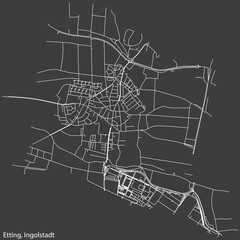 Detailed negative navigation white lines urban street roads map of the ETTING DISTRICT of the German regional capital city of Ingolstadt, Germany on dark gray background
