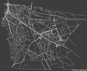 Detailed negative navigation white lines urban street roads map of the SÜDOST DISTRICT of the German regional capital city of Ingolstadt, Germany on dark gray background
