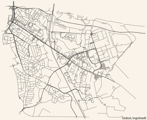 Detailed navigation black lines urban street roads map of the SÜDOST DISTRICT of the German regional capital city of Ingolstadt, Germany on vintage beige background