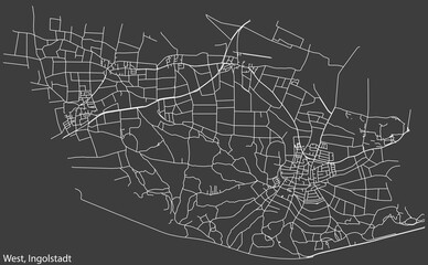 Detailed negative navigation white lines urban street roads map of the WEST DISTRICT of the German regional capital city of Ingolstadt, Germany on dark gray background