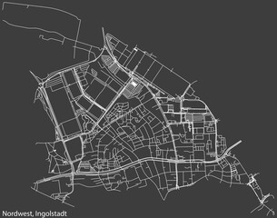 Detailed negative navigation white lines urban street roads map of the NORDWEST DISTRICT of the German regional capital city of Ingolstadt, Germany on dark gray background