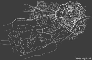 Detailed negative navigation white lines urban street roads map of the MITTE DISTRICT of the German regional capital city of Ingolstadt, Germany on dark gray background