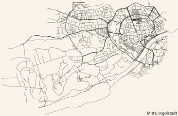 Detailed navigation black lines urban street roads map of the MITTE DISTRICT of the German regional capital city of Ingolstadt, Germany on vintage beige background