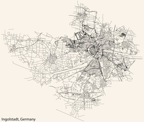 Detailed navigation black lines urban street roads map of the German regional capital city of INGOLSTADT, GERMANY on vintage beige background