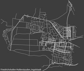Detailed negative navigation white lines urban street roads map of the FRIEDRICHSHOFEN-HOLLERSTAUDEN DISTRICT of the German regional capital city of Ingolstadt, Germany on dark gray background