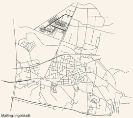 Detailed navigation black lines urban street roads map of the MAILING DISTRICT of the German regional capital city of Ingolstadt, Germany on vintage beige background