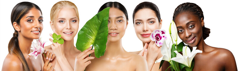 Beauty Diversity Faces. Multi Ethnic Women African, Caucasian, Indian and Asian with Flowers. Woman...