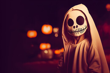 A boy wearing a funny halloween skeleton mask with hood with free space for text