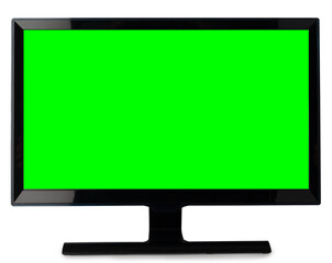 Computer monitor lcd mockup with green chroma key screen isolated on white background. Desktop pc monitor with black frame and empty space.