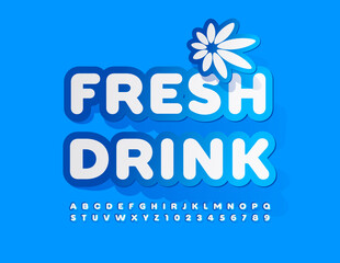 Vector advertising badge Fresh Drink with decorative Flower. Blue and White creative Font. Sticker style Alphabet Letters and Numbers set