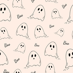 Seamless pattern with hand drawn halloween ghosts doodle style, vector illustration on light background. Holiday design, decorative wrapping or packaging
