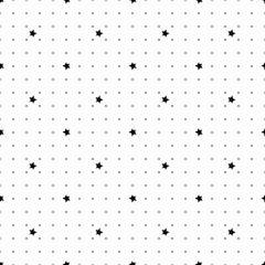 Black and white seamless pattern with dotted grid and textured grunge star silhouettes. - 528229997