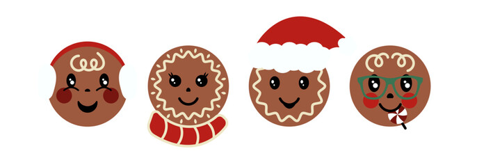 Gingerbread faces with accessories Christmas cookies Winter cartoon characters