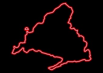 Red glowing neon map of Madrid Spain on black background.