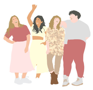 Vector illustration of group of young friends. Posing for a photo and laughing. Group of smiling teenage boys and girls, school friends. Friendship and youth concept. Isolated white background