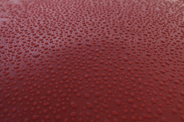 Closeup wet red car paint surface with hydrophobic ceramic coating