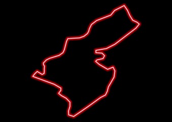 Red glowing neon map of Mangrove Cay The Bahamas on black background.