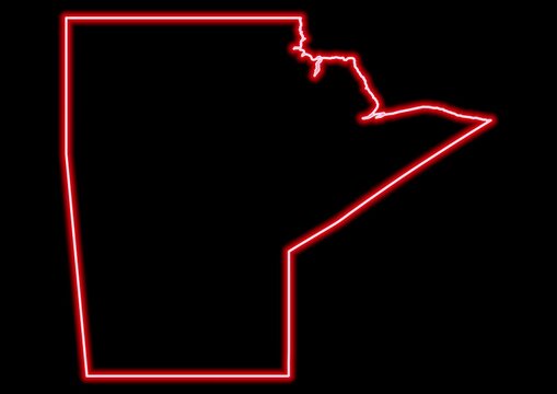 recommend clip art: Red glowing neon map of Manitoba Canada on black background.