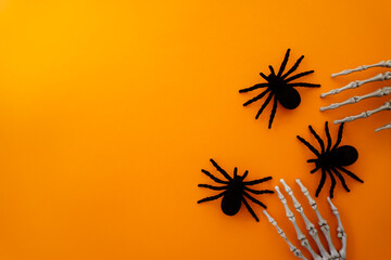 On a bright orange background, skeleton paws and fleeing spiders
