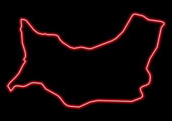 Red glowing neon map of Medio Campidano Italy on black background.