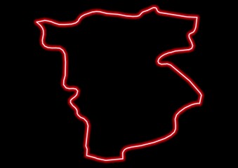 Red glowing neon map of Mila Algeria on black background.