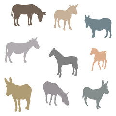 Colorful Donkey Domestic Animal Vector Icon Set. Donkeys Silhouette Icon Set