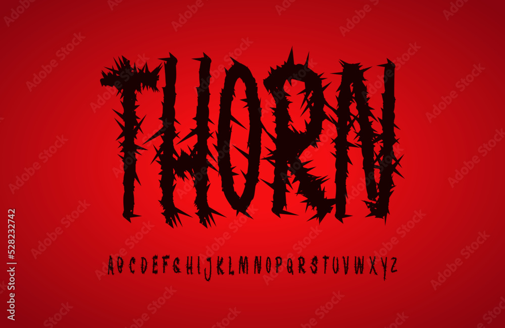 Fototapete thorn alphabet. black ominous letters with thorns like prickly briar branches. creepy and scary effe