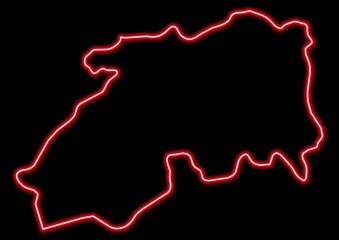 Red glowing neon map of Médéa Algeria on black background.