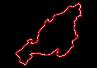 Red glowing neon map of Nagaland India on black background.