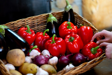 Wicker basket with vegetables. Autumn. Harvest.