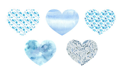 Heart set with watercolor hand drawn blue winter branches and leaves. Useful for romantic greeting cards, wedding invitations, Christmas and New Year cards.