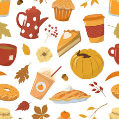 Autumn season pumpkin spice background. Fall seasonal cakes and hot drinks. Isolated on white background. Cute orange pumpkin, a cup of coffee, pumpkin pie, cake, leaves.
