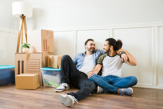 Adorable gay couple looking happy after moving in to a new house