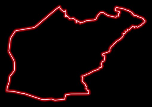Red glowing neon map of Ninawa Iraq on black background.