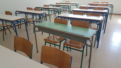 desks class chairs in secondary school empty