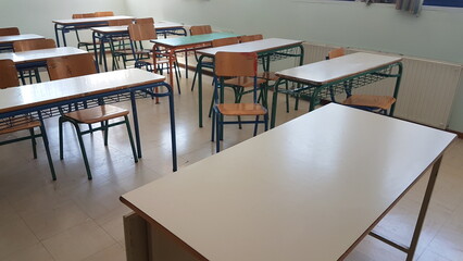 desks class chairs in secondary school empty